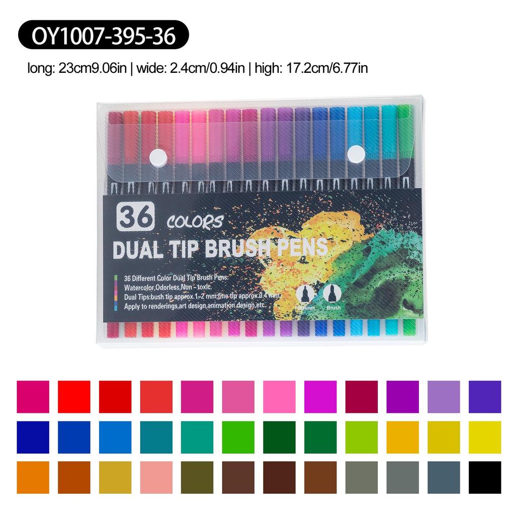 Washable Double-Ended Fineliner Paintbrush Set - Soft Tip, Non-Staining, Black Barrel, PVC Box