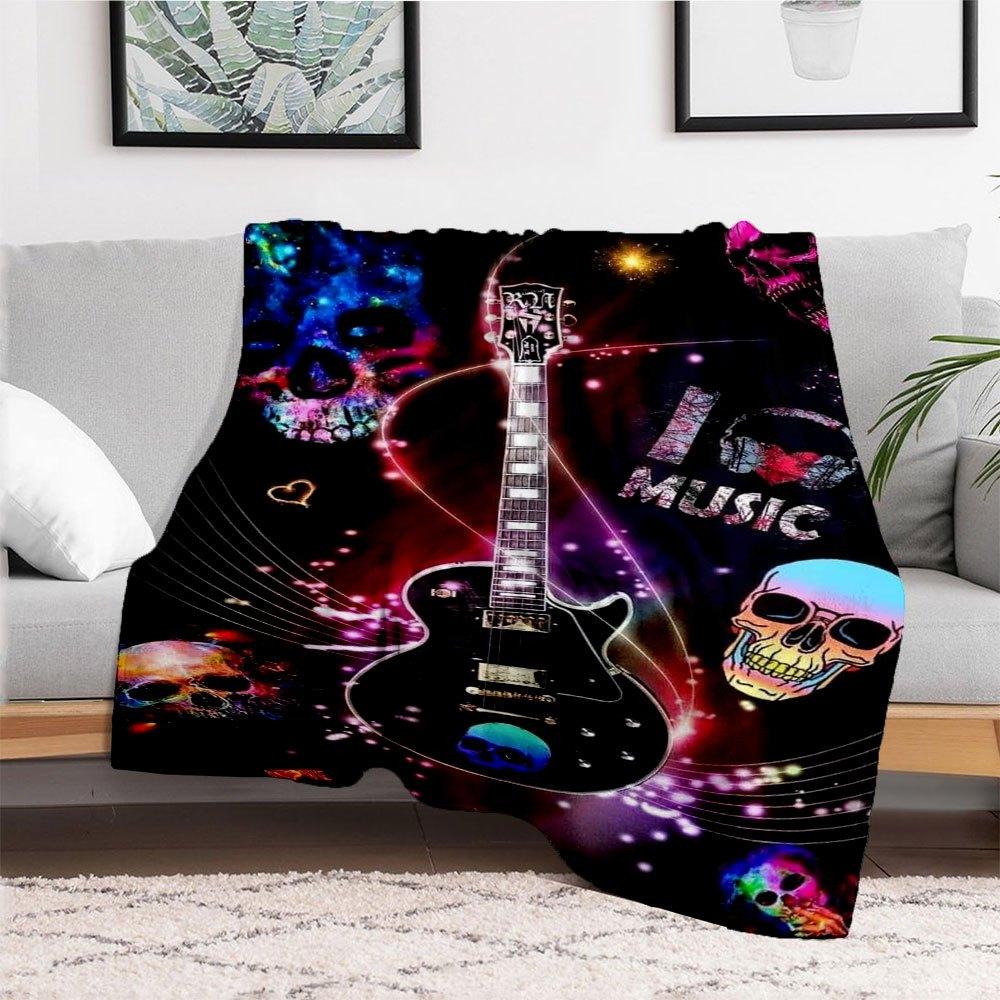 "Electric Guitar with Skulls & Music Notes Art Print Poster"Blanket Flannel Throw Blanket for Sofa, Bed, Travel, Camping, Office