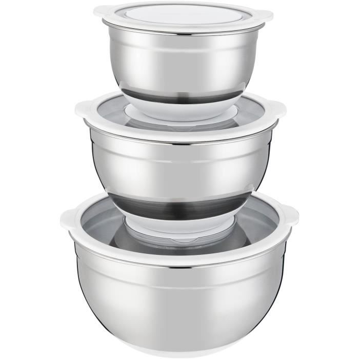 Set de saladiers - ARTHUR MARTIN - AM486 - 16-20-24 cm - Couvercles hermétiques - Acier inoxydable - Fond en silicone anti-dérapant bianco