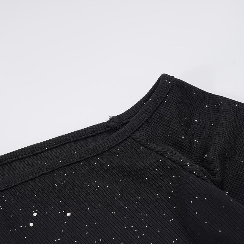 Women's Off-Shoulder Rhinestone Waist-Cinching Long-Sleeve Top