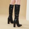 Sexy Pointed Toe Side Long Zipper Knight Boots Fashion Soft Leather Knee-high Women Boot Square High-heeledclub Dance Party Shoe