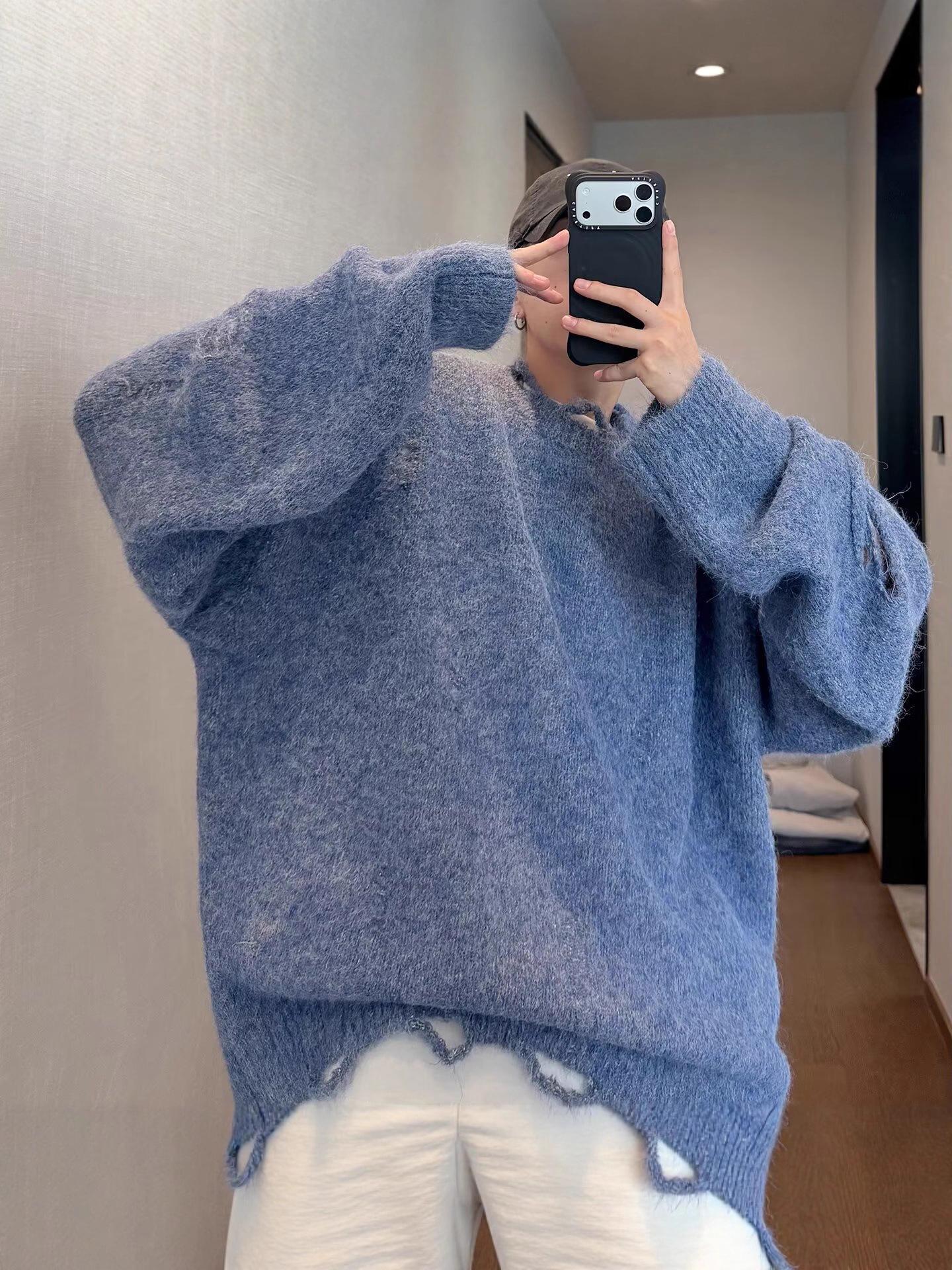 Унисекс разноцветный пушистый вязаный свитер в крапинку с круглым вырезом и спущенной линией плеча - ОсеньЗима XXL синий 2360₽