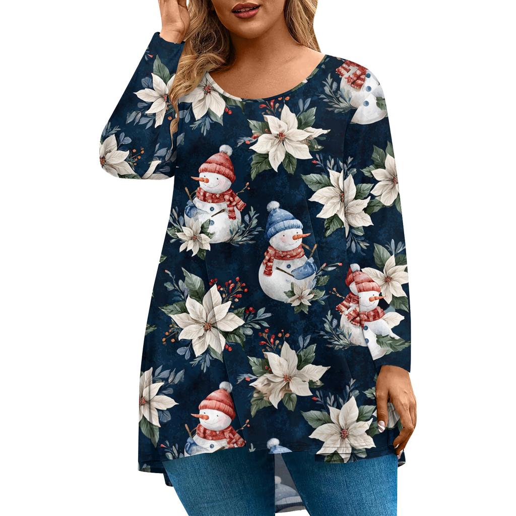 Women's Fashionable Casual Long Sleeved Plus Size  Print Top Plus Size Floral Print Top