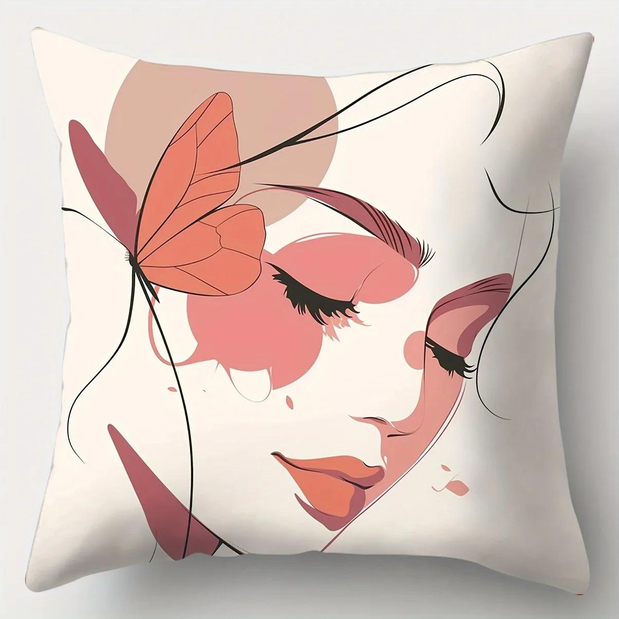 Подушка Декоративная Наволочка Минималистичная Линия Бабочка Украшение Дома Гостиная Спальня Диван Декоративная Наволочка на Подушку с Молнией 30x30cm бежевый