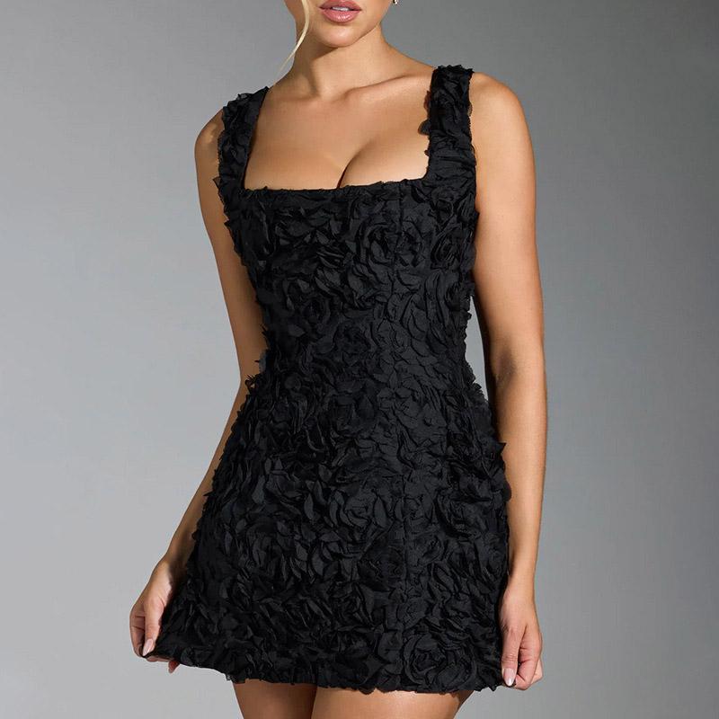 Summer 2025 Square Collar 3D Flowers Suspender Dress Women's Sexy Slim Fit Sleeveless Halter Dress Binding Strap Design Fashion Evening Dress