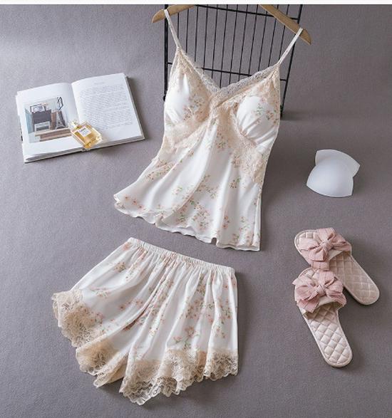 Summer Lace Camisole Nightgown with Removable Pads - Women's Sexy Ice Silk Pajamas