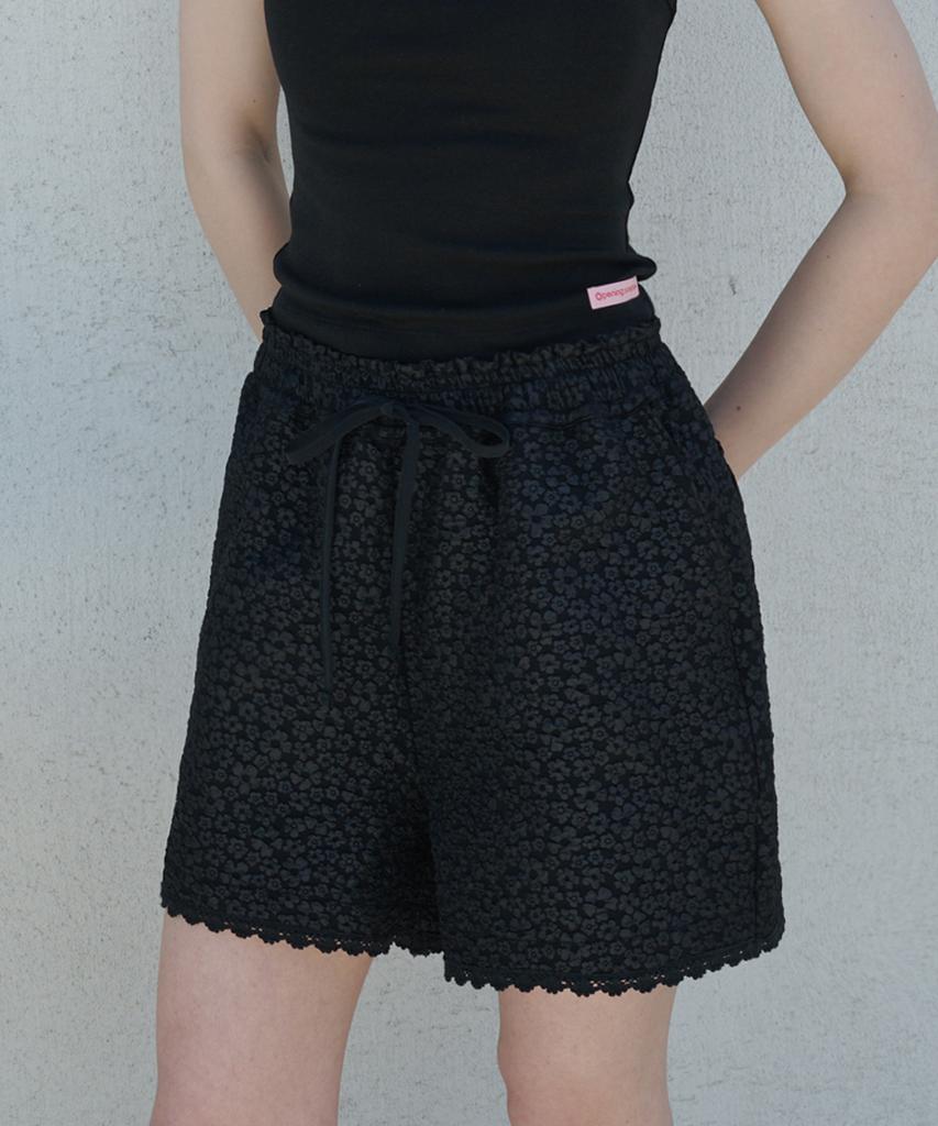 OPENING SUNSHINE Floral Embossed Lace Detail Elastic Waist Shorts Black