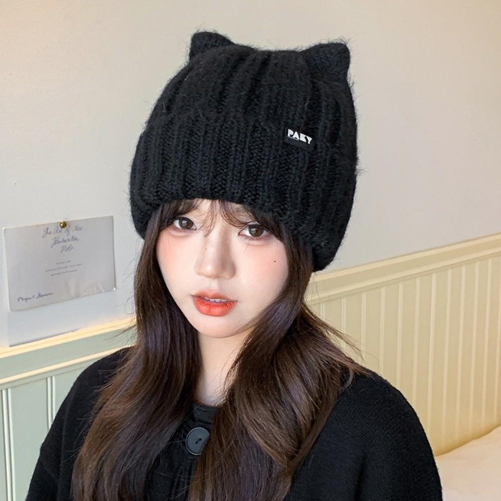 Windproof Knitted Pullover Hat Wool Women Beanie Hats Cute Cat Ears Hat  Female