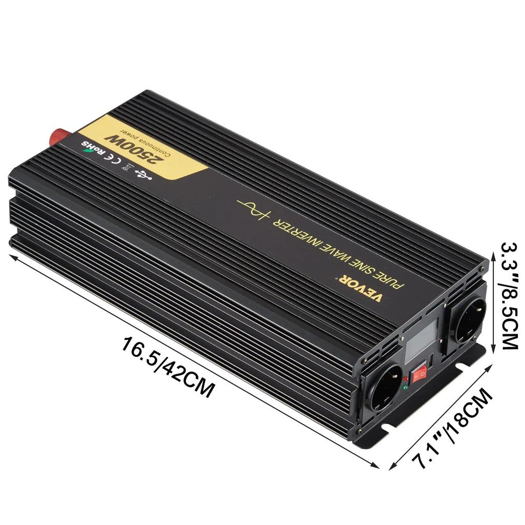VEVOR Pure Sine Wave Inverter 2500W Power Inverter DC 12V AC 230V, Car Inverter USB Port LCD Display Remote Controller, Safety Protections
