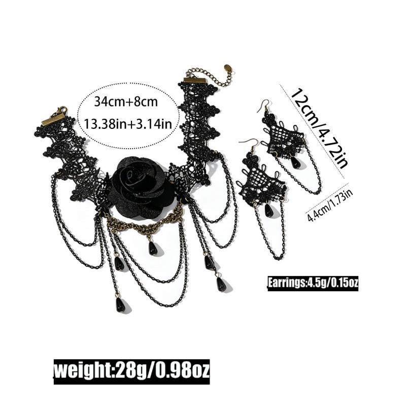Vintage Lace Gothic Necklace Earring Set Women - Handmade Retro Floral Geometric Pendant Jewelry Accessories
