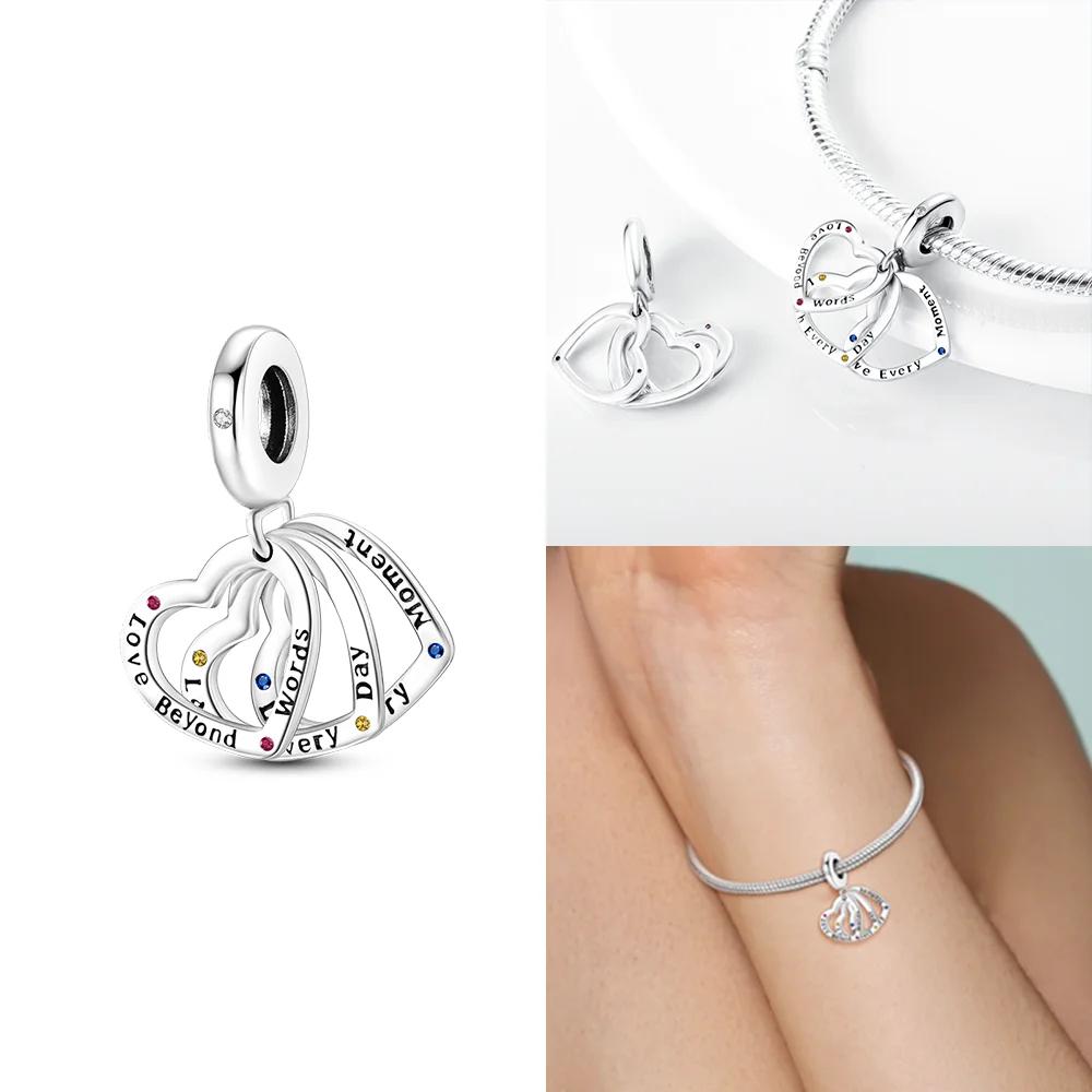 Pink Family Love Heart Charm Original Copper Beads Fit Pan Bracelet Diy Sister Mother Friendship Pendant Fine Gift Jewelry