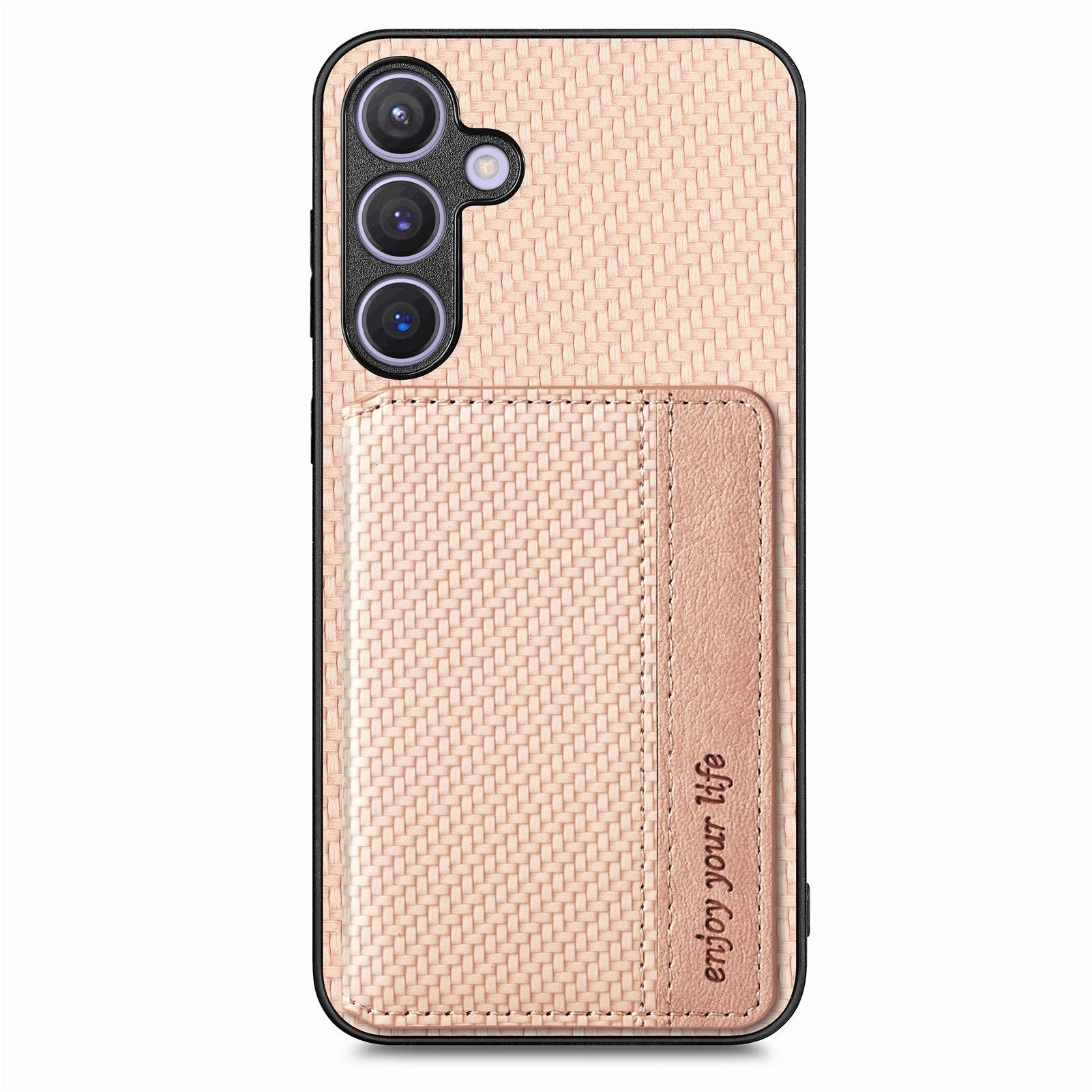 

For Samsung Galaxy S25 Case RFID Blocking Carbon Fiber Leather Phone Back Cover with Card Holder Apricot