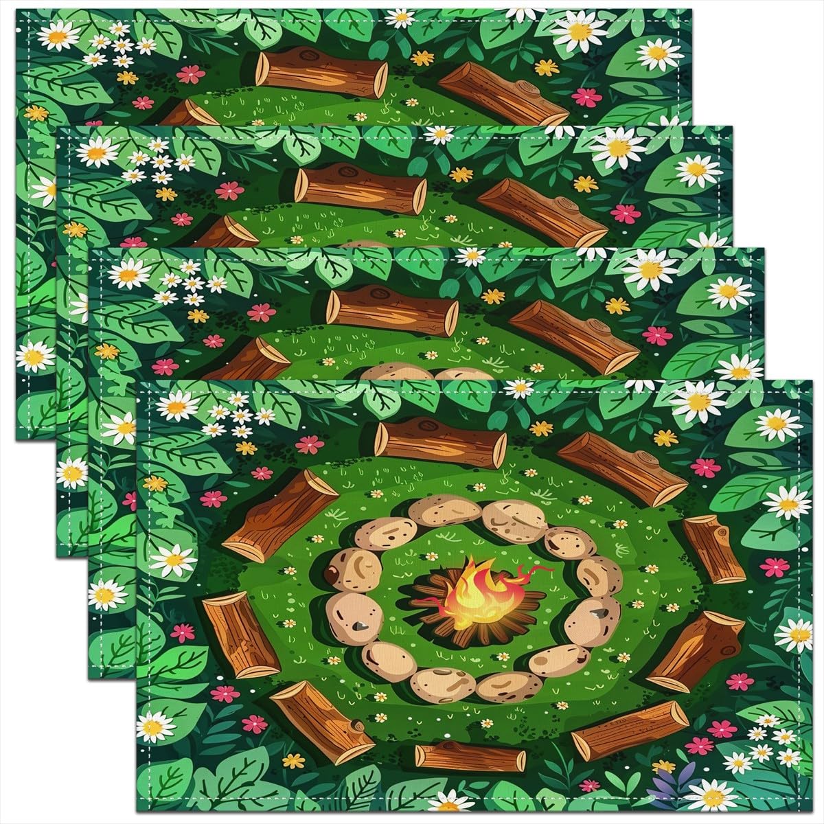 

Campfire Play Placemats for Dining Table Indoor Outdoor Kitchen Tree Stump Placemats Set of 4 Cartoon Stones Table Mats Placemat 4pcs-12x18