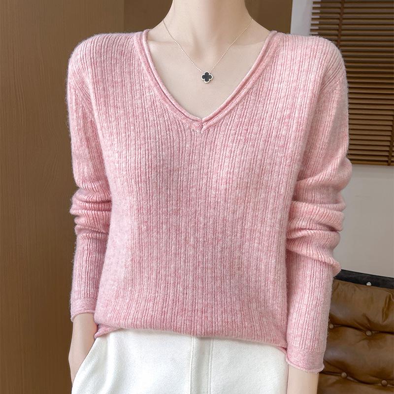 2024 Women's Autumn Winter V-Neck Pure Wool Ruffled Pullover Sweater, Slimming Jacquard Long Sleeve Knit Loose Base Layer.