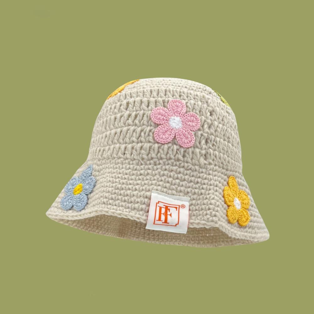 Korean Style Beanies Hat Handmade Bucket Hat Casual Flower Knitted Hat  Outdoor