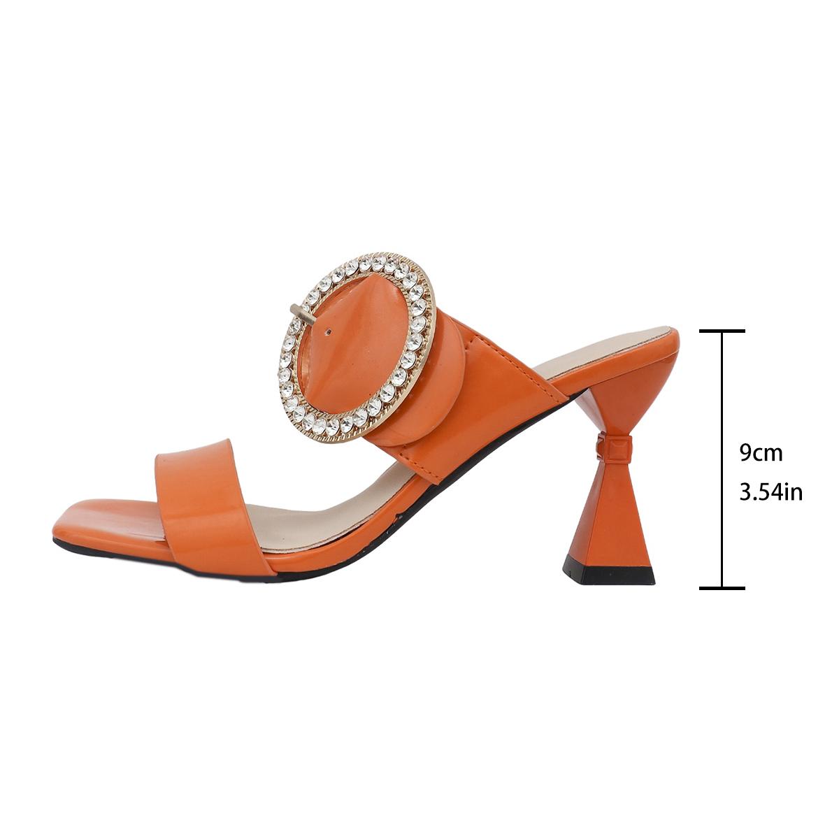 

Fashion Patent Leather Crystal Buckle Mule Sandals Woman High Heel Square Toe Rhinestone Slide Ladies Fashion Bling Party Shoe Big Size 42
