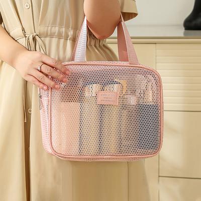 Sac à Maquillage en Maille de Couleur Unie Portable Léger Gain de Place Sacs à Fermeture Éclair Grande Capacité Sac à Main de Rangement pour Articles de Toilette de Voyage