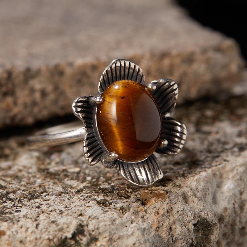 

QUBAIKU Retro S Pure Silver Ring Natural Stone Personalized Flower Personalized Thai Silver Ring Luxury resizable