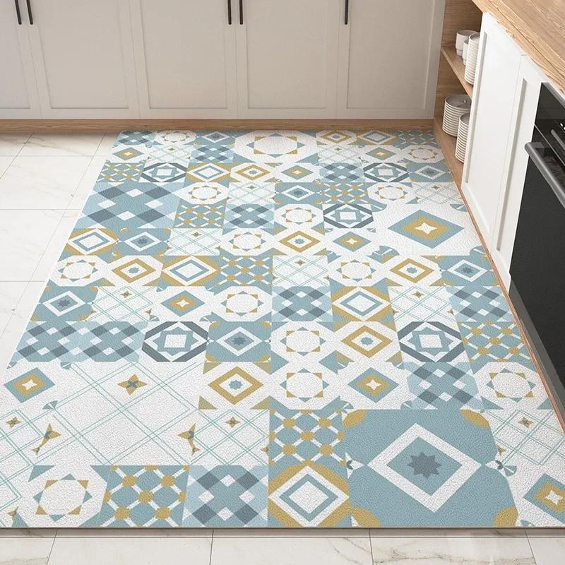 PVC Kitchen Carpet Waterproof Non-slip Floor Mat Large Oil-proof Leather Foot Mats American Retro Bohemian Home Decoration Rug