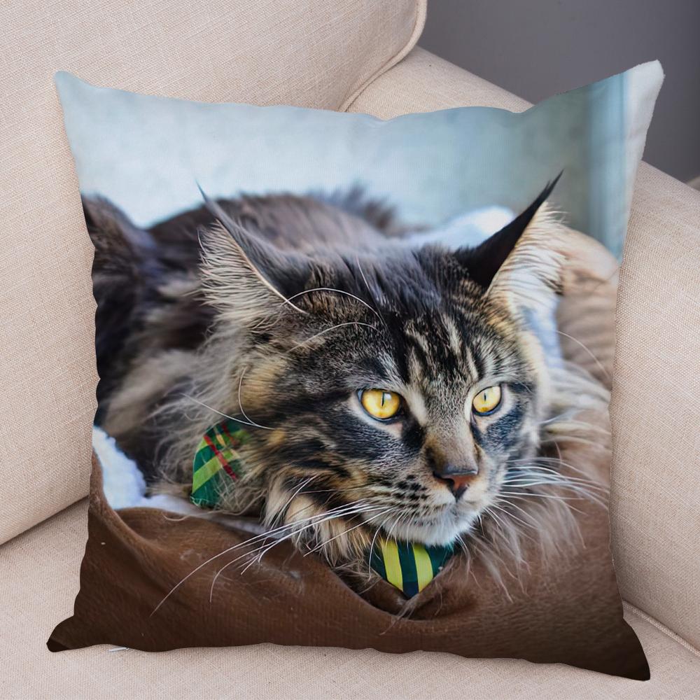 Long Haired Cat Face Cushion Cover Detailed Feline Art Double Sided Living Room Bedroom Decor Pillow Case