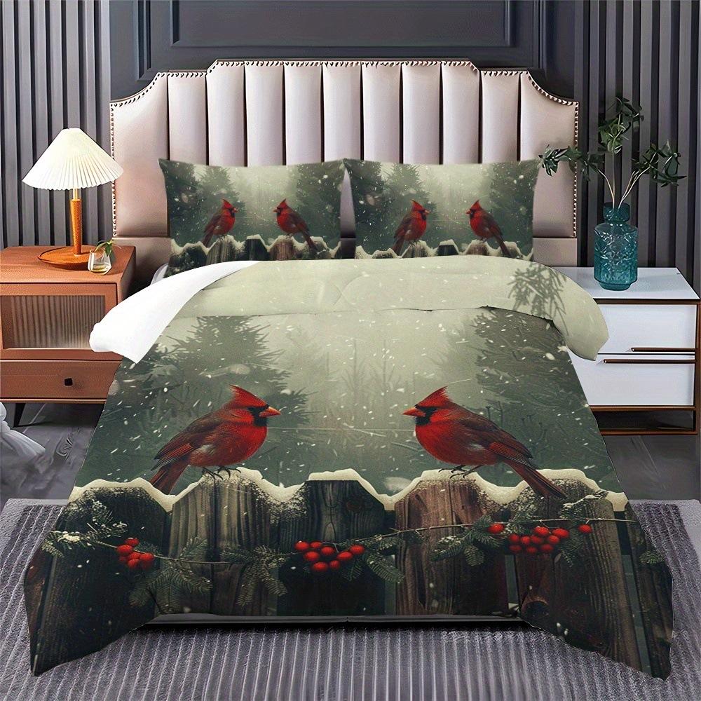 Red Bird Quilt Cover Three-Piece Animal Count Printing Kit Duvet Cover Bedroom Home Decoration