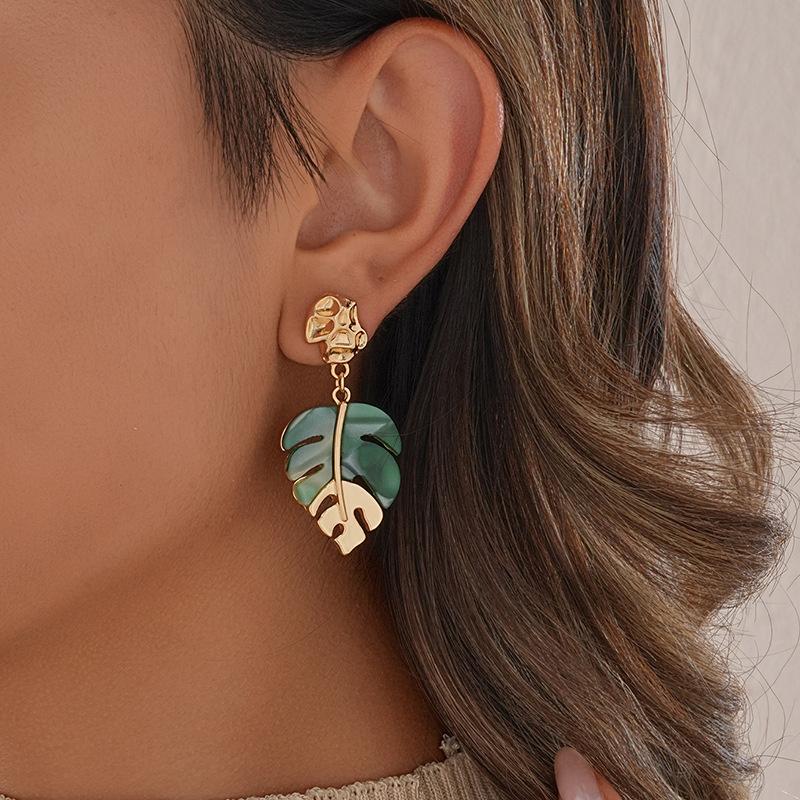 Multi- Acrylic Leaf Earrings for Women Gold Plated Zircon Dangle Earrings Stainless Steel Jewelry Birthday Gifts