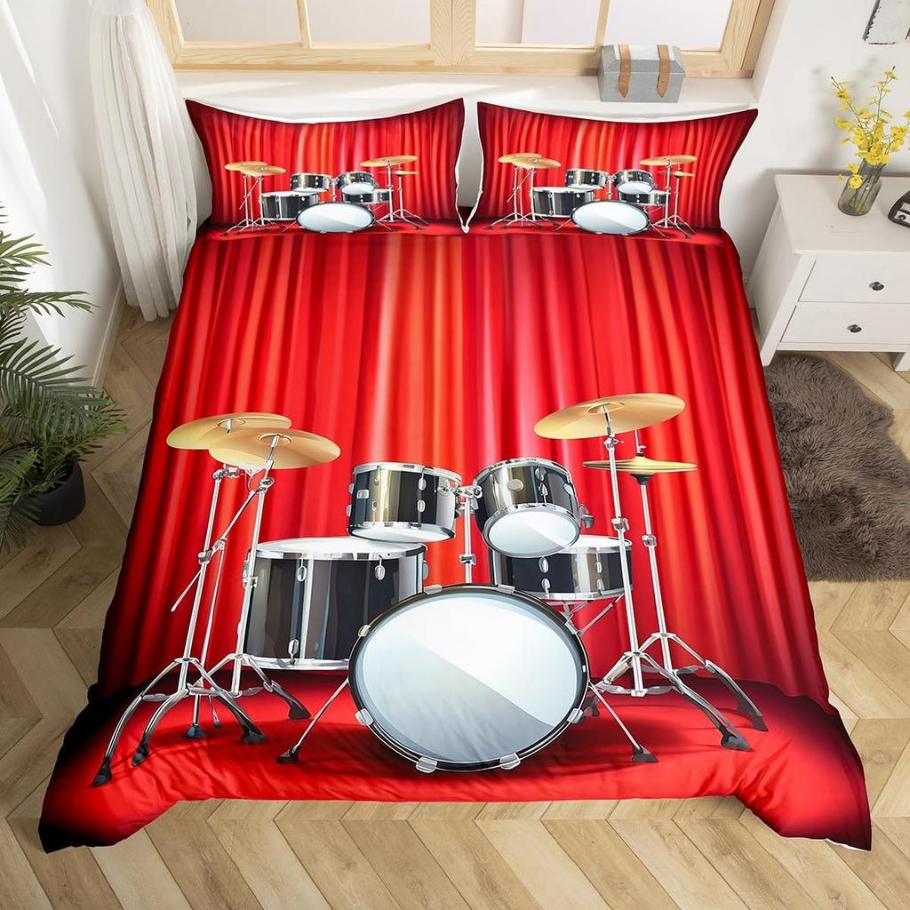 Comforter 3D Drum Kit Queen Microfiber Rock Music Theme Classic Musical Instrument Comforter Hip Hop Grunge Bedding Set
