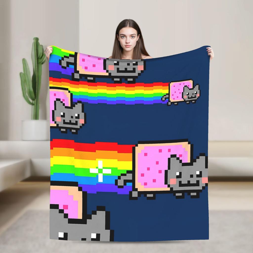 Katze Regenbogen Pixel Welt Nyans Decken Fleece Frühling Herbst Atmungsaktiv Super Warm Überwurfdecken für Bettwäsche Sofa Teppich Stück
