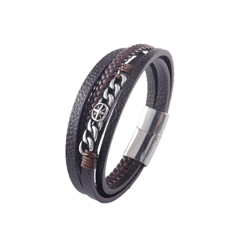 Stainless Steel Chain Leather Bracelet for Men - Personalized Woven Leather Wristband Handpiece