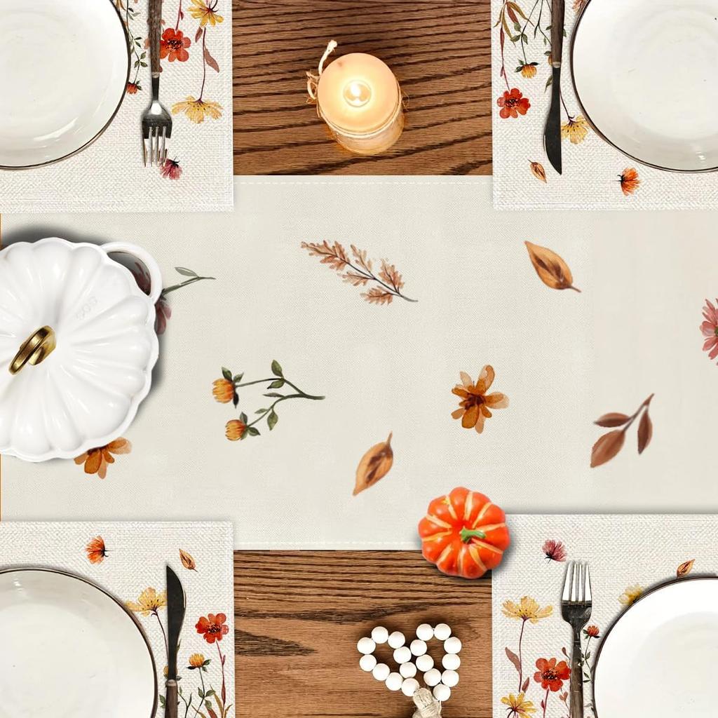 RABUSOFA Floral Fall Placemats Set of 4 for Table Runner, Flower Autumn Thanksgiving Kitchen Dining Table Decoration for Indoor Party 12x18 Inch