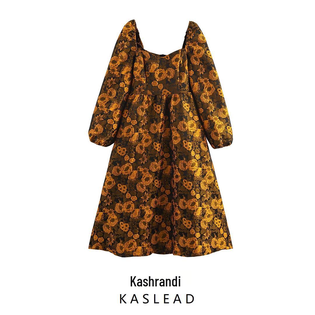 

2025 Spring Women s Jacquard Lantern Sleeve Dress Large квітковий