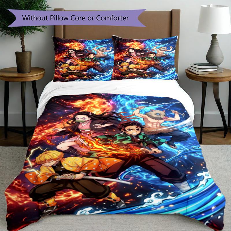 3pcs Duvet Cover Set (1*Duvet Cover + 2*Pillowcase, Without Core), Demon Slayer Print Bedding Set, Bedroom Decor, All‑Season, Gift