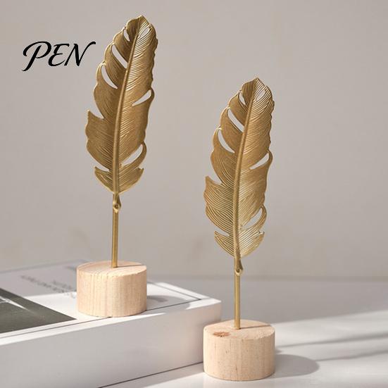 Modern Minimalist Leaf Statue Metal Ornaments, Gold Palm Leaf, Ginkgo Feather with Wood Tabletop Art Piece Base, Desktop Sculpture for Living