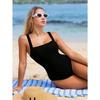 Costume da bagno intero da donna a blocchi di colore bianco e nero con scollo quadrato