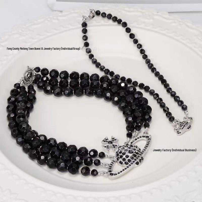Empress Dowager Saturn Necklace: Punk Black Agate & Diamond Layered Choker for Women
