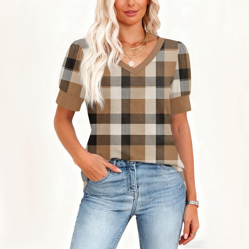 Women's Fashion Casual V, Neck Short Sleeve Print  Shirt Women's Up Tops