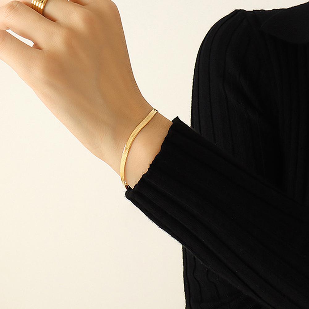 Flat Snake Chain Necklaces Matching Bracelets In 18k Gold Plated Stainless Steel Herringbone Chains Necklace Bracelet  For Women