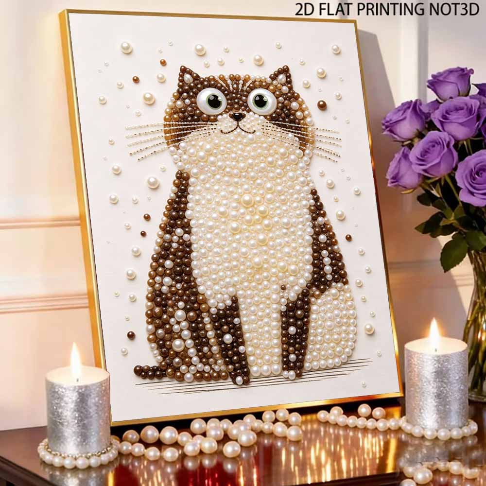 Cute Brown Cat Pearl Bead Painting Kit with Frame Sparkling Canvas Art Romantic Bedroom Decor Gift for Adults Home Wall Decor