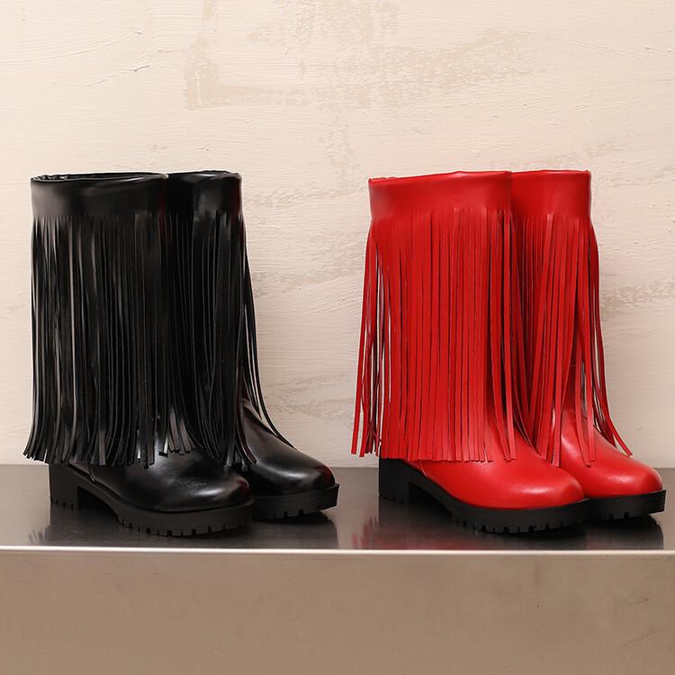 Europäische und amerikanische Mode mittelhohe Mode-Stiefel Damen große Größe Retro dicker Absatz Fransen Fußset V-Ausschnitt Western-Ritter