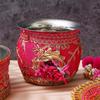 Rosa und Goldfarbenes Florales Dekoratives Handgefertigtes Edelstahl Karwa Chauth Pooja Thali Set mit Chalni, Lota & Chunri
