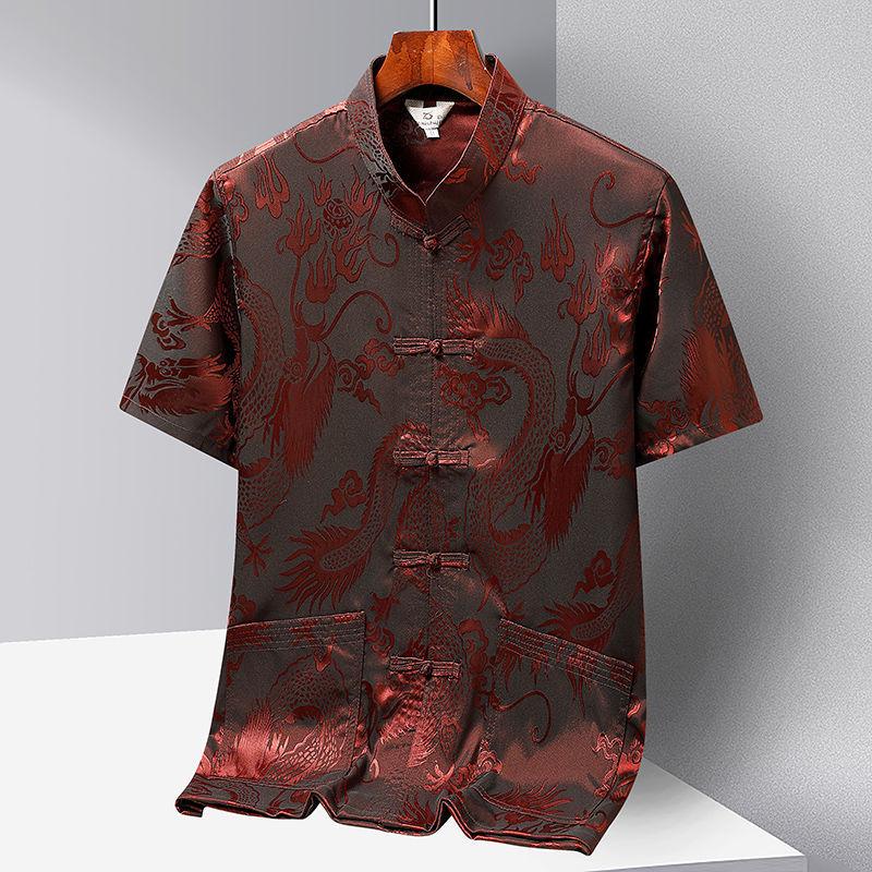Ανδρικό κοντομάνικο πουκάμισο σε κινέζικο στυλ, καλοκαιρινό, με όρθιο γιακά, μονόκουμπο, διακοσμημένο με σχέδια κινέζικου δράκου.