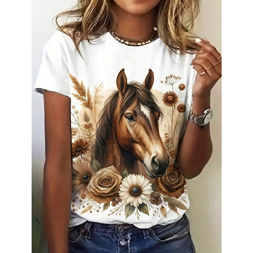 Women's Short Sleeve Round Neck T-Shirt, Summer Graphic Tees Women Tops