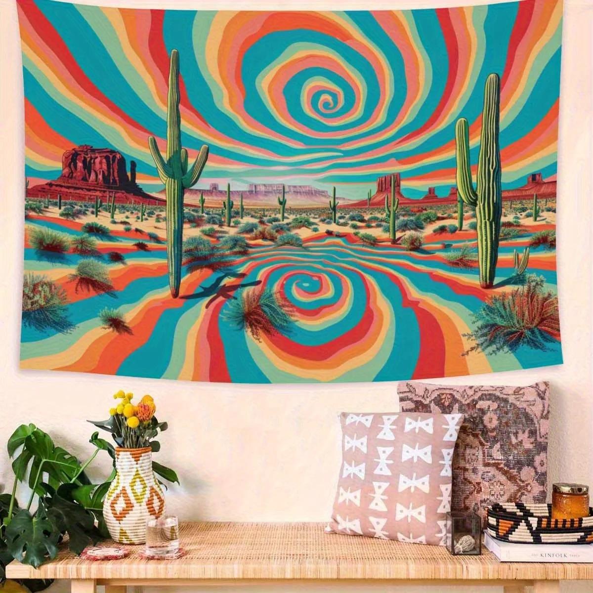 

Psychedelic Cactus with colorful tiedye spiral tapestry Psychedelic hippie wall decor for living room bedroom room decor 74x94cm(29x37in)