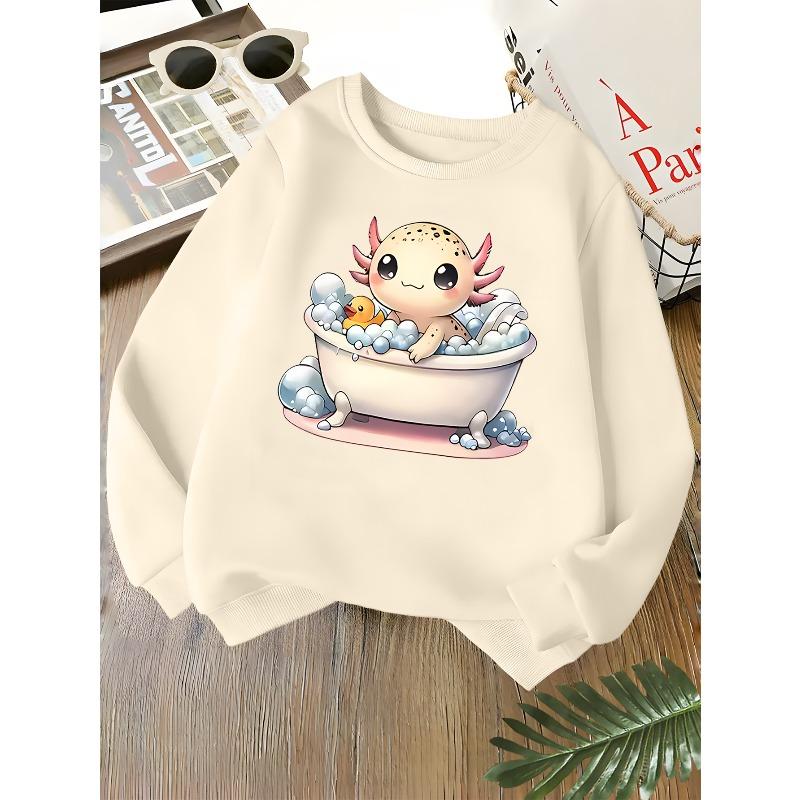 Kids Unisex Pink Crewneck Sweatshirt, Cute Axolotl Bathing With Rubber Duck And Bubbles Cartoon Print, Sweatshirt for Boys Girls Over 4 Years Old