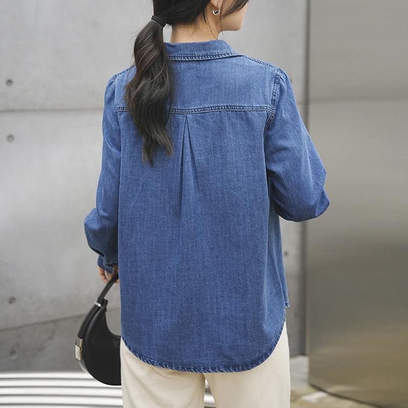 Real shot blue denim shirt jacket women's 1116 autumn retro versatile loose small long-sleeved top