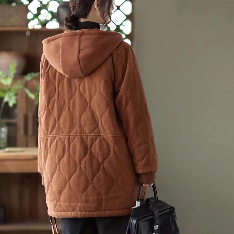 Women's Retro Padded Cotton Jacket: Autumn/Winter Hooded, Round Neck, Long Sleeve, Loose Fit, Plus Size Casual Top.