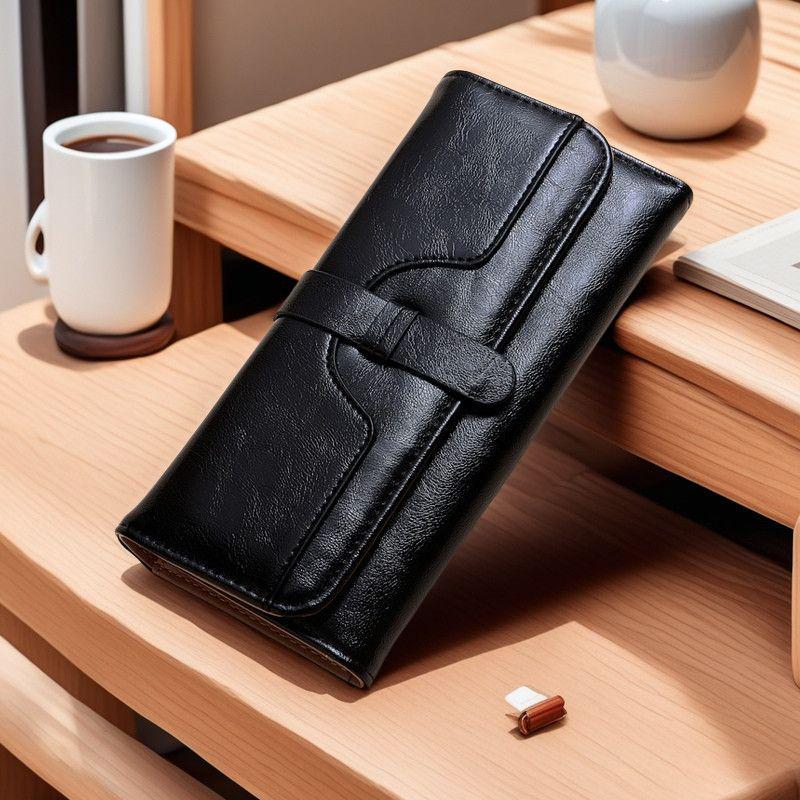 Women's Tri-fold Oil Wax Leather Wallet with Buckle - Multi-Card Holder, Solid Color, Fashionable and Simple Design