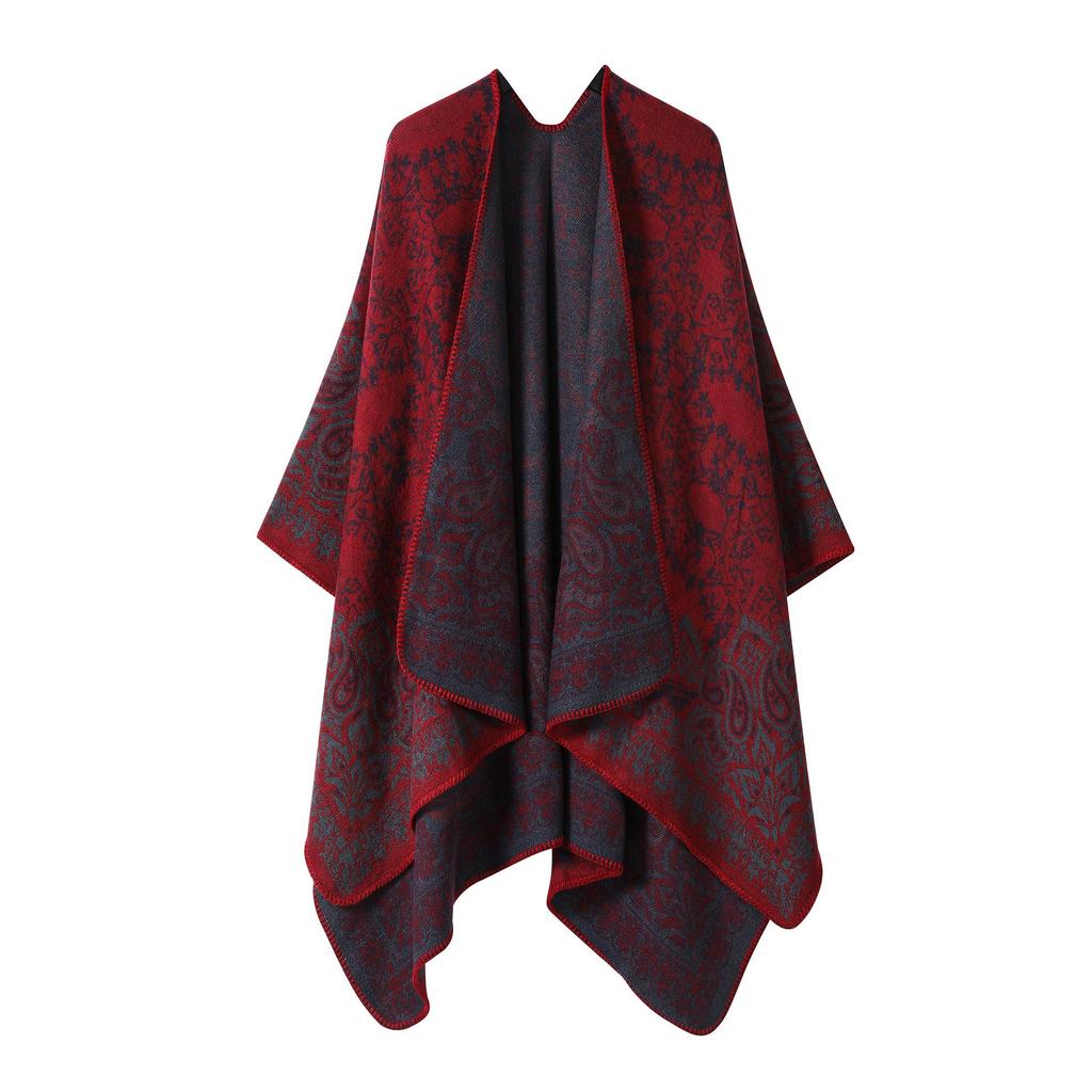 Women's Double-Sided Tassel Shawl Cloak - Classic Slit Design, Warm Travel Cape