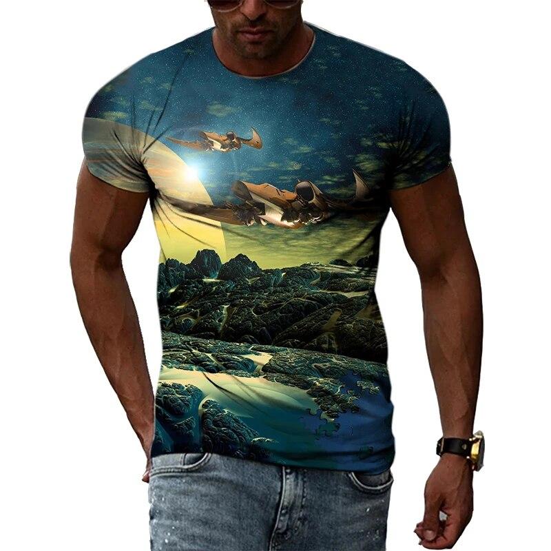 Fashion New Creative Cosmic Planet Graphic T Shirts Summer Men Casual Science Fiction Pattern Printed O-neck Short Sleeve Tops