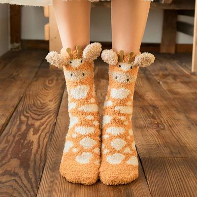 Women Girls Winter Warm Fluffy Fuzzy Slipper Crew Socks 3D Cute Cartoon Animal Microfiber Super Soft Home Floor Sleeping Hosiery